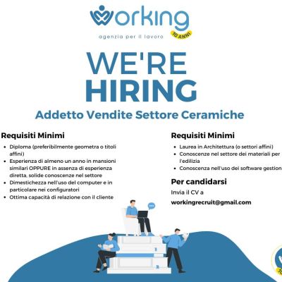 2/25 – Ricerca di Personale – Addetto alle Vendite Settore Ceramiche